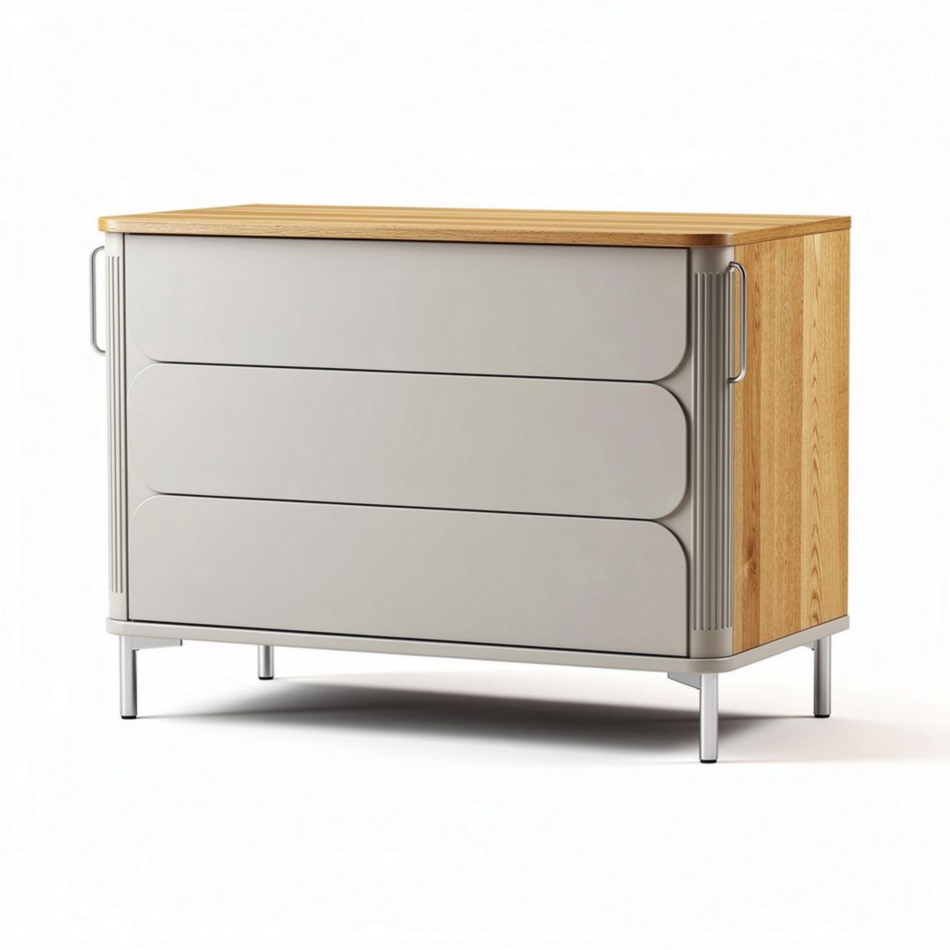 Modern three-drawer storage cabinet in gray and oak with metal legs 80 x 40 x 60cm