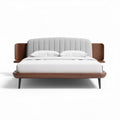 Mid-century modern bed frame with upholstered headboard and walnut finish 200 x 160 x 100cm