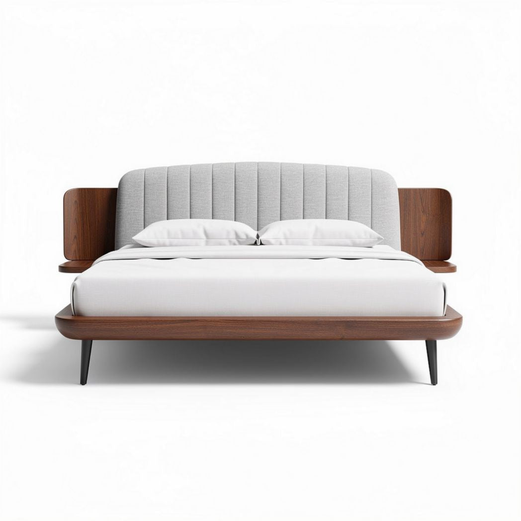 Mid-century modern bed frame with upholstered headboard and walnut finish 200 x 160 x 100cm