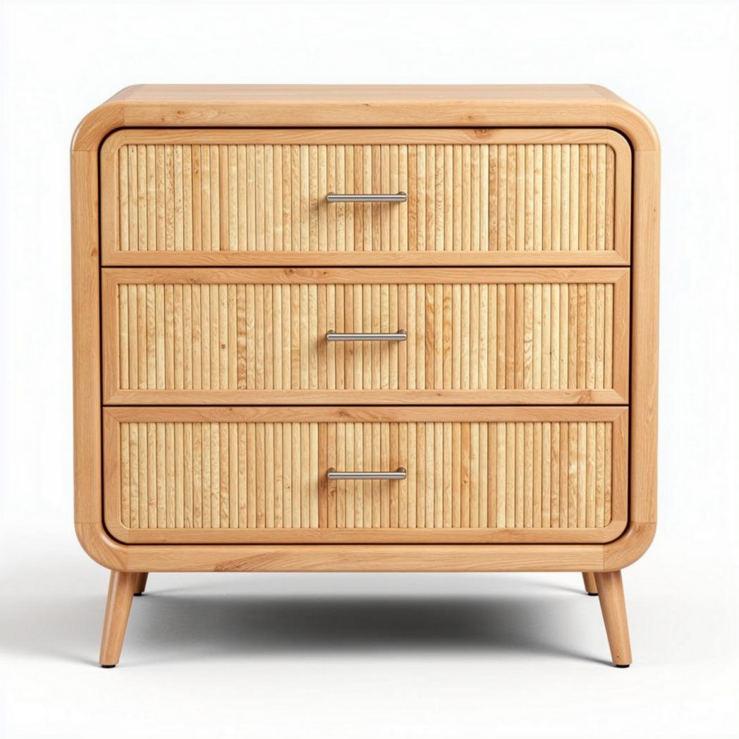 Bamboo three-drawer nightstand with textured front and tapered legs
