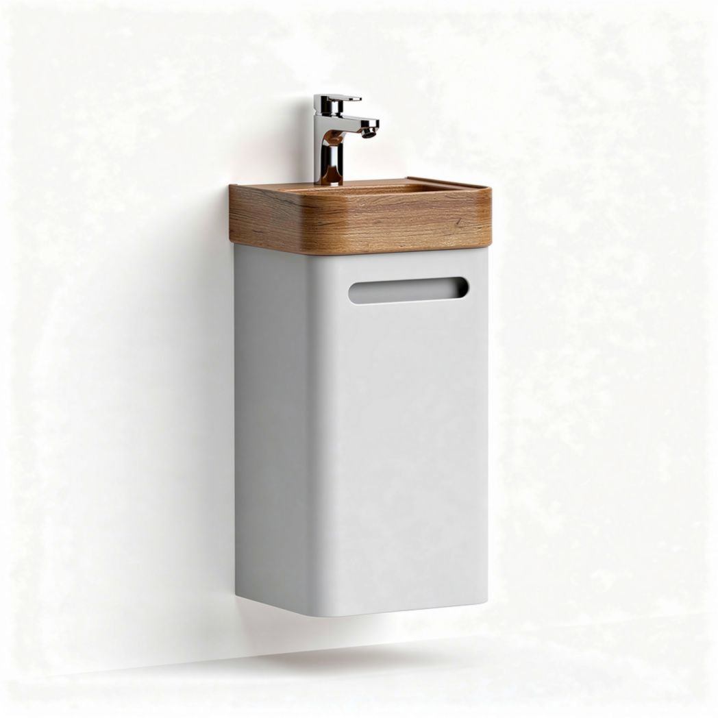 Wall-mounted ceramic sink with bamboo countertop and faucet 25 x 15 x 50cm