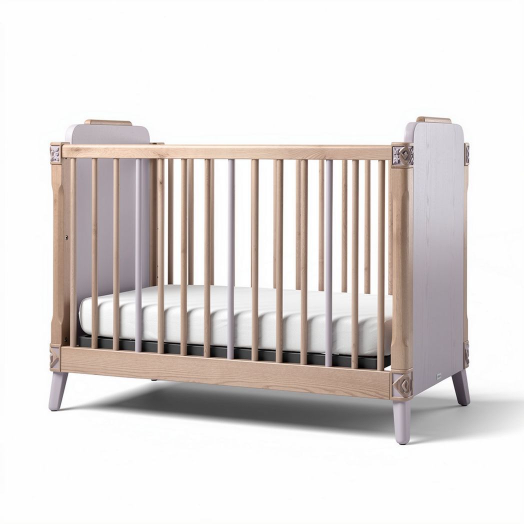 Wooden baby crib with removable mattress in natural and lavender finish 120 x 60 x 90cm