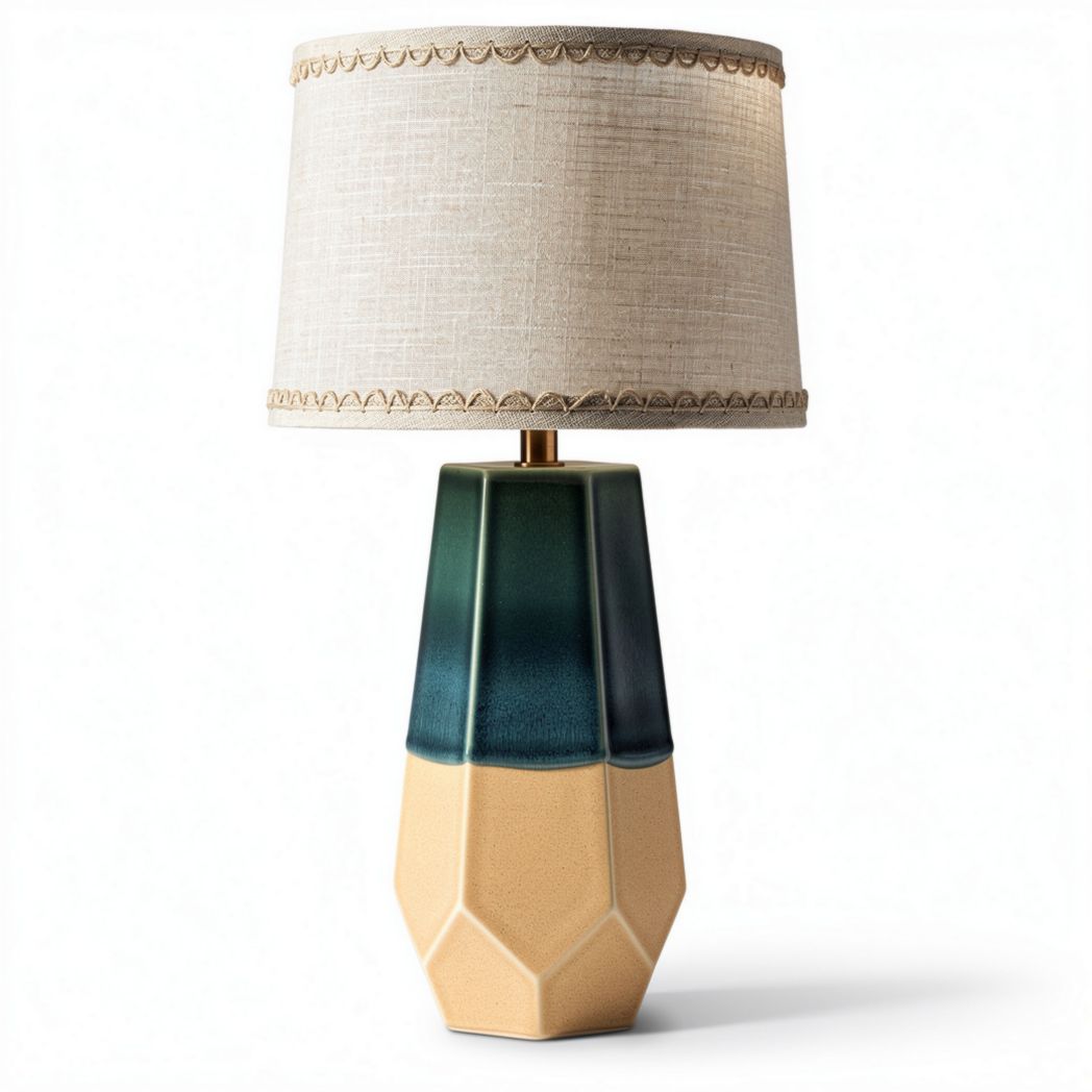 Ceramic table lamp with linen shade in green and beige 30 x 20 x 50cm