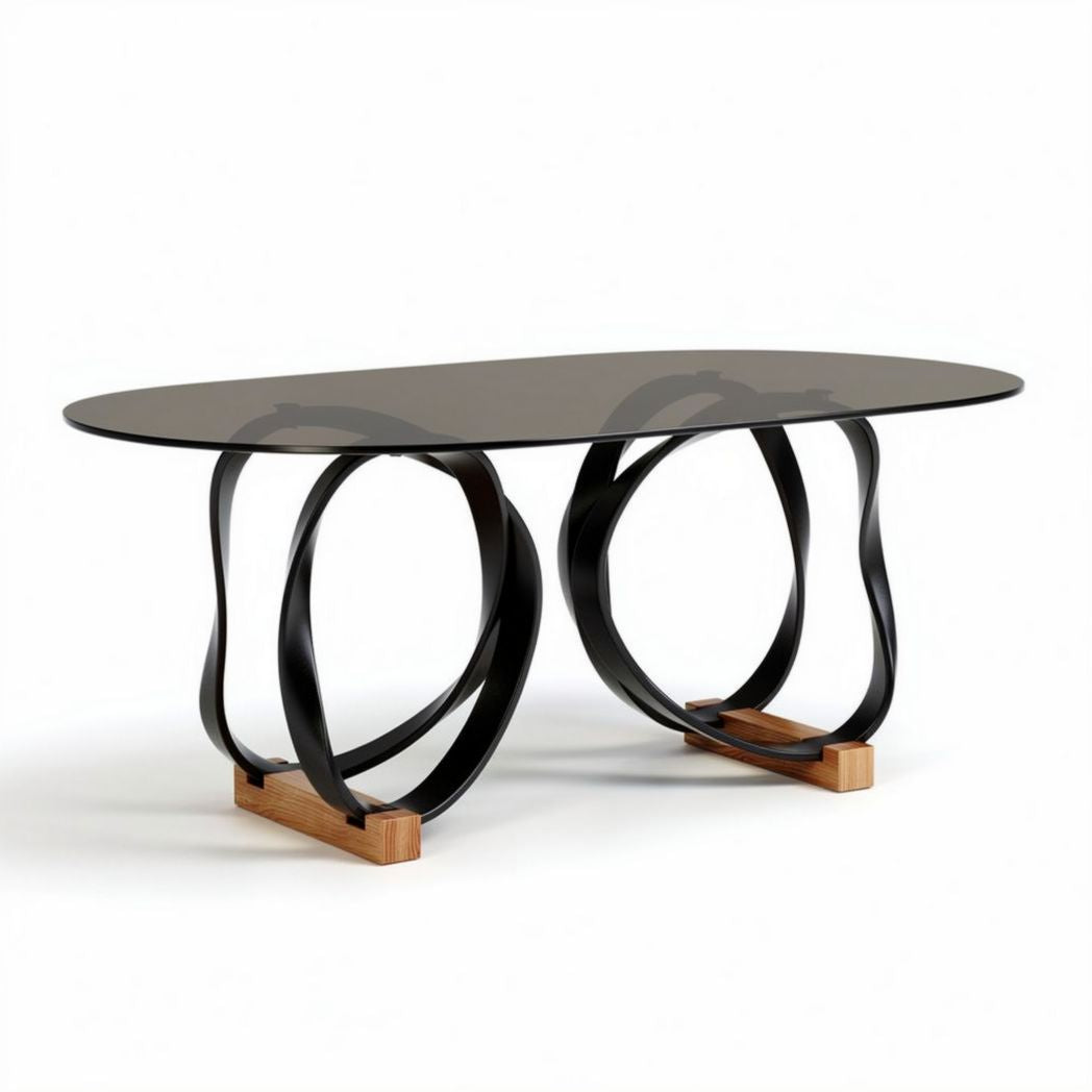 Oval glass dining table with black metal base and wooden support 150 x 80 x 75cm